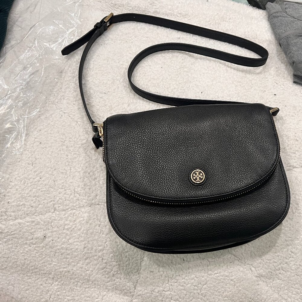 Tory Burch Black Pebbled Leather Crossbody Bag with Gold Logo